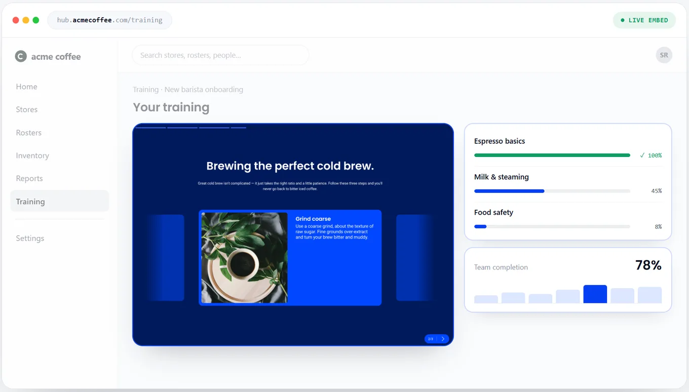 A course playing live inside a company's own internal hub, with progress and completion tracked in the same view
